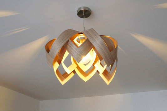 L18O, 50cm Handmade pendant lamp from walnut veneer.