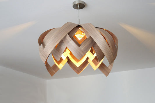 L18O, 70-90cm Handmade pendant lamp from walnut veneer.